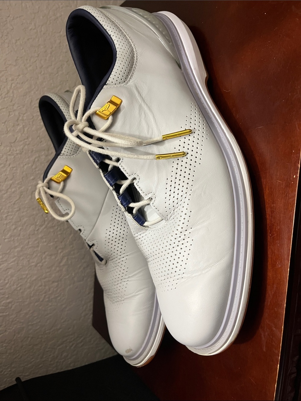 Grey Leather Men's Golf-Style Oxfords with Gold Accents Jordans